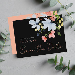 Postal Simple boda floral rosada negra salva la fecha