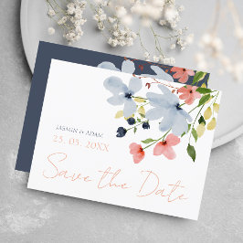 Postal Simple Boho Blue Pink Floral Wedding Save the Date