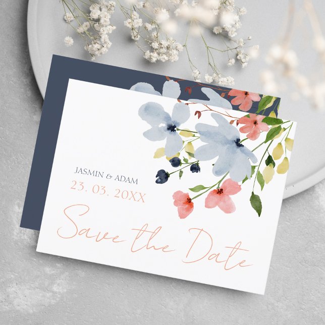Postal Simple Boho Blue Pink Floral Wedding Save the Date (Subido por el creador)