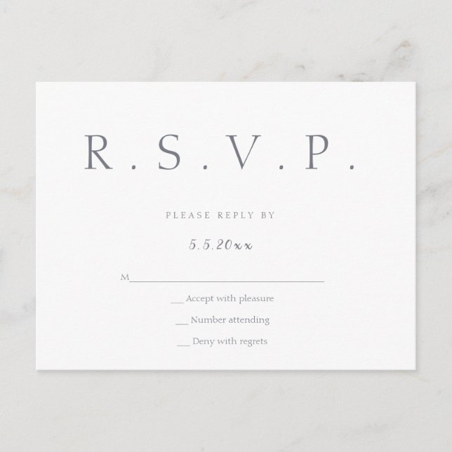 Postal simple con letras grises de boda rsvp (Anverso)