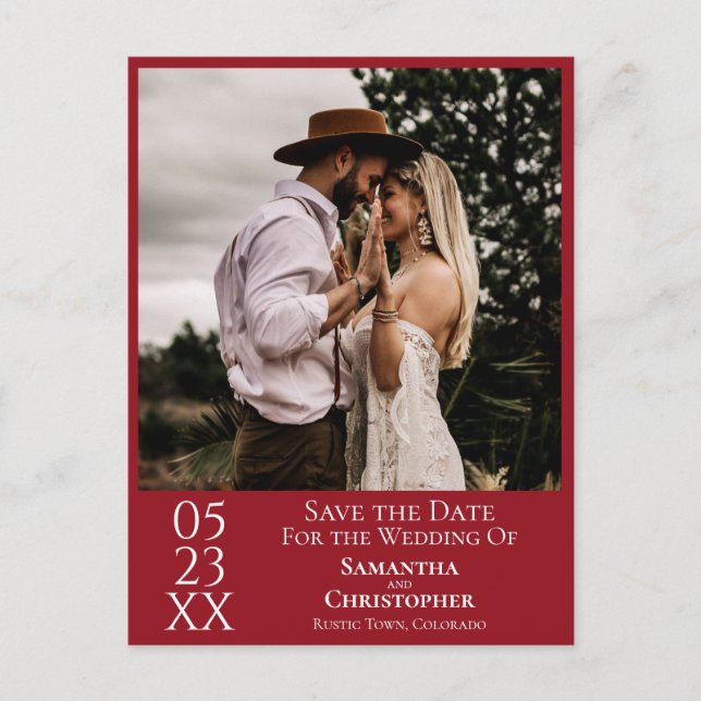 Postal Simple Crimson Red Wedding Save the Date Photo (Anverso)