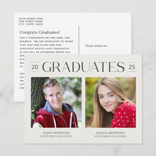 Postal Simple Doble Graduación Dos Fotos Crema y Gris (Anverso / Reverso)