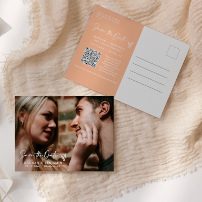 Postal Simple Elegante Peach Save the Date QR Code Photo (Subido por el creador)