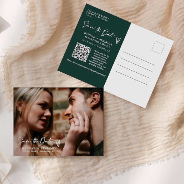 Postal Simple Emerald Green Save the Date QR Code Photo (Subido por el creador)