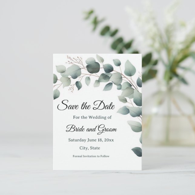 Postal Simple Eucalyptus Wedding Save the Date Postcard (Anverso de pie)