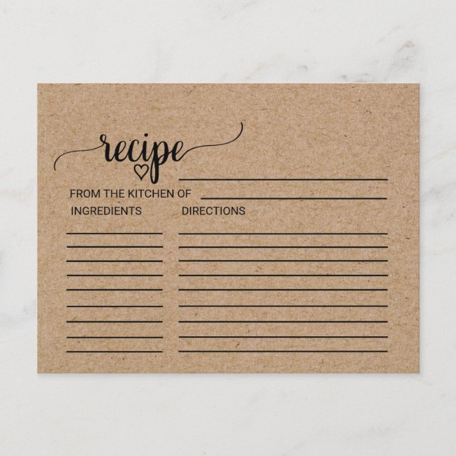 Postal Simple Faux Kraft Bridal Shower Recetales de ducha (Anverso)