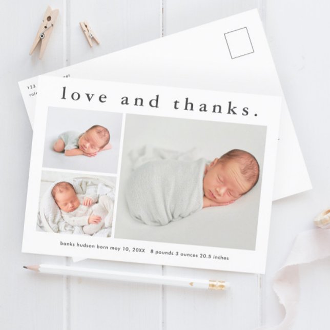 Postal Simple foto bebé anuncio de nacimiento gracias (Simple 3 photo baby announcement thank you postcard.)