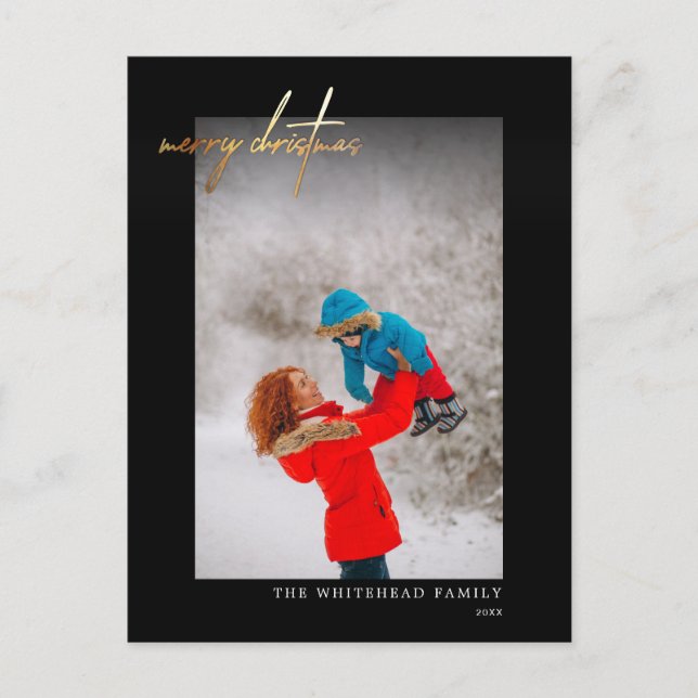 Postal Simple Gold Merry Christmas Photo Black (Anverso)