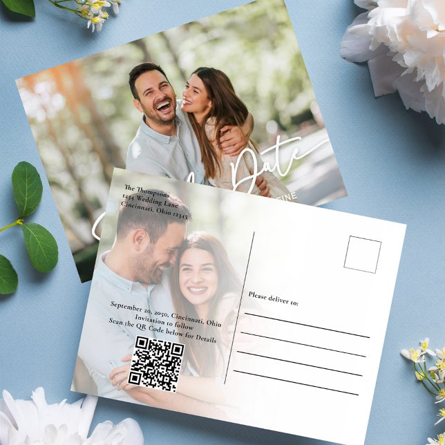 Postal Simple Guardar la foto del Boda de fecha (Save the date photo postcard template with a scannable QR Code. )