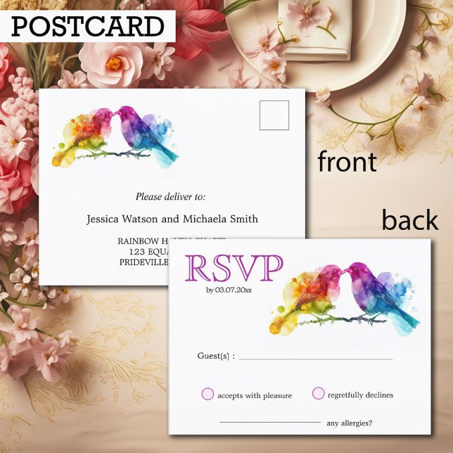 Postal simple LGBTQ+ Aves con arco iris (Simple Postcard LGBTQ+  Rainbow Lovebirds)