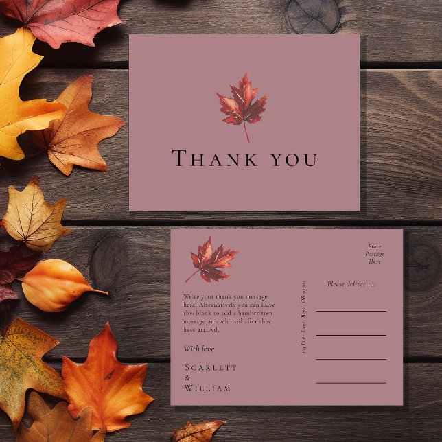 Postal Simple Mínimo Boda Mauve Fall Leaf Gracias (Subido por el creador)