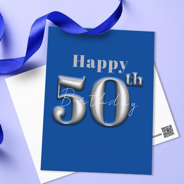 Postal Simple Moderno Azul Real y Plateado Cumpleaños 50 (Subido por el creador)