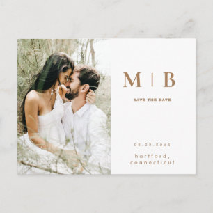 Postal Simple Monograma Dorado Blanco Foto Save the Date