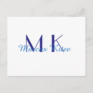 Postal simple monograma mínimo nombre personalizado azul 