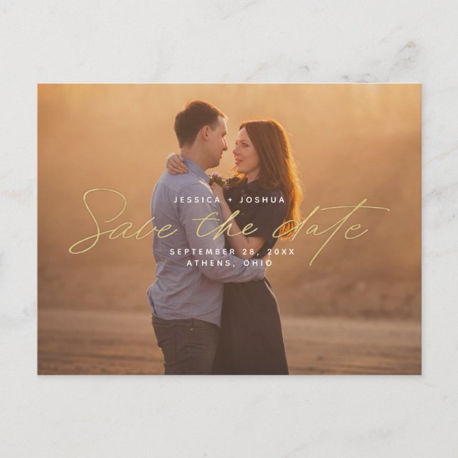 Postal Simple Oro Script Overlay Photo Save the Date (Anverso)