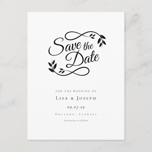 Postal Simple Script Negro y Blanco Save the Date (Anverso)