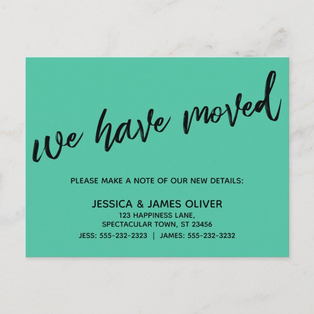 Postal Simple We've Moved Casual Handwriting Biscay Verde (Anverso)