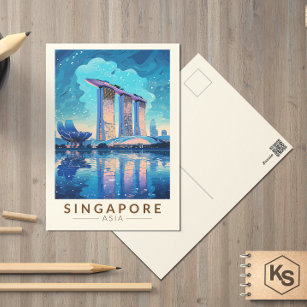 Postal Singapur Marina Bay Night Travel Art Vintage