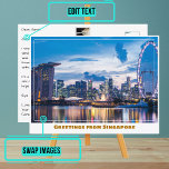 Postal Singapur Volante y Marina Bay Sands moderno<br><div class="desc">Cuando buscas compartir tus experiencias, enviar una postal a un amigo o a un ser querido es un gesto dulce. Sin embargo, lo hemos hecho aún más elegante y dinámico y personalizado con esta plantilla. La fotografía es una hermosa representación de la ubicación (vista al horizonte en Singapur y cuenta...</div>