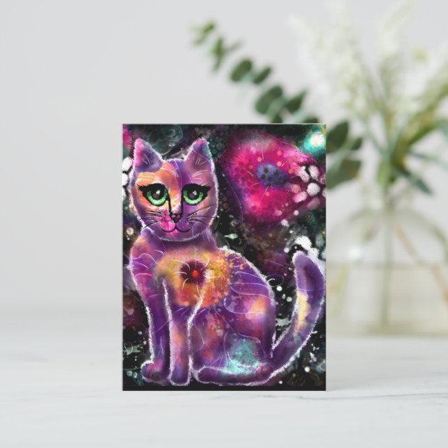 Postal Singular Resumen Floral Kitty Cat Negro Rosa (Anverso de pie)