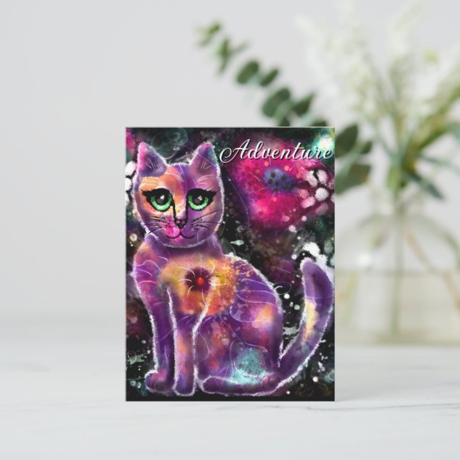 Postal Singular Resumen Floral Kitty Cat Negro Rosa (Anverso de pie)