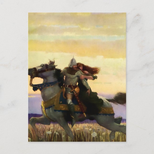 Postal Sir Lancelot se aleja con Guinevere por NC Wyeth (Anverso)