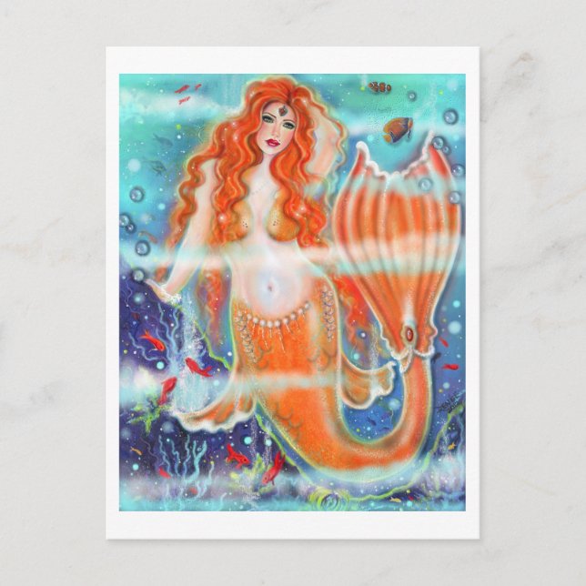 Postal Sirena con arte de peces tropicales de Renee Lavoi (Anverso)
