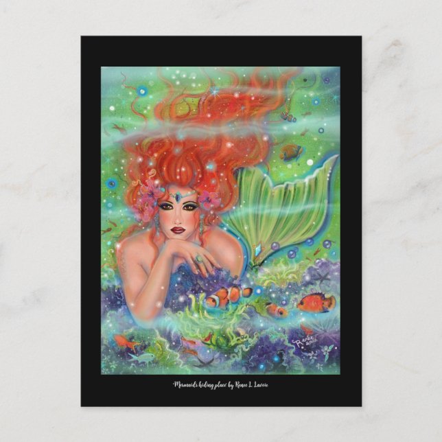 Postal Sirena con arte de peces tropicales de Renee Lavoi (Anverso)