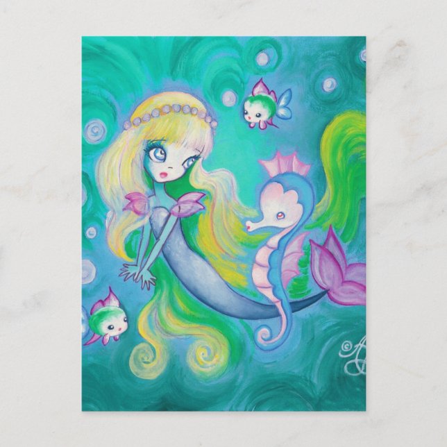 Postal Sirena Con Caballo De Mar Y Pescado (Anverso)