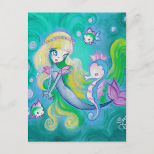 Postal Sirena con Caballo Marino y Pez