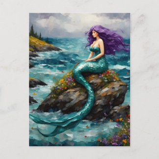 Postal Sirena con cabello púrpura