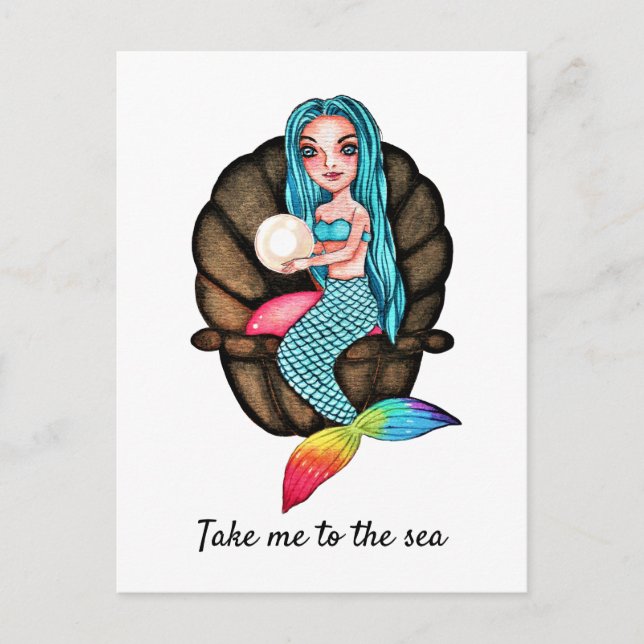 Postal Sirena Con El Arte De La Acuarela Perla (Anverso)