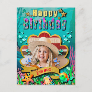 Postal Sirena, conchas marinas, amigos de animales marino