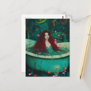 Postal Sirena de Cabello Rojo en una Bañera