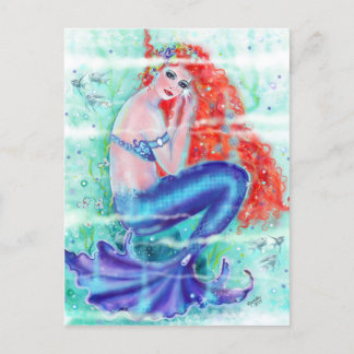 Postal Sirena de cabeza roja con cola púrpura de Renee