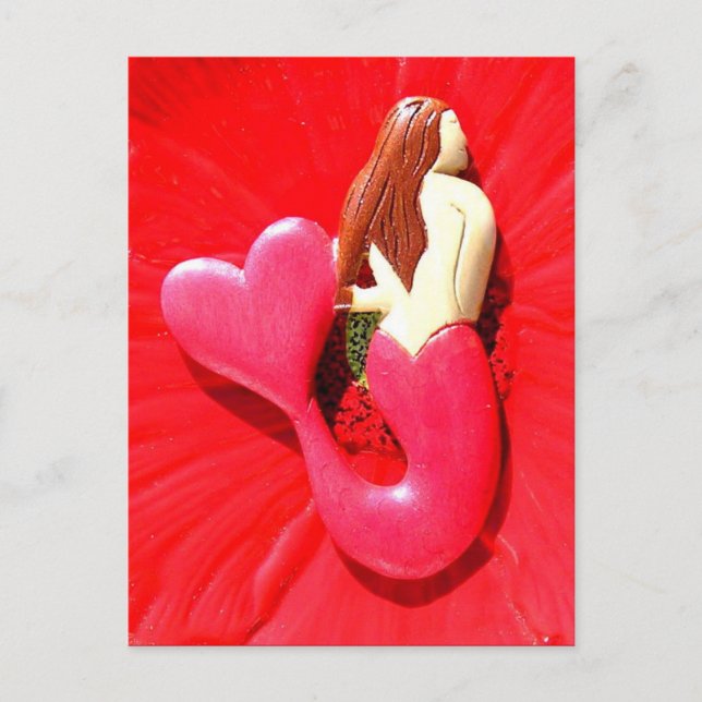 Postal sirena de cola de corazón roja (Anverso)