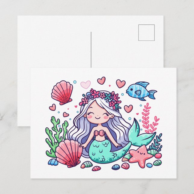 Postal Sirena de dibujos animados linda  (Anverso / Reverso)