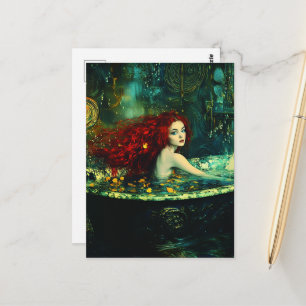 Postal Sirena de pelo rojo en una bañera