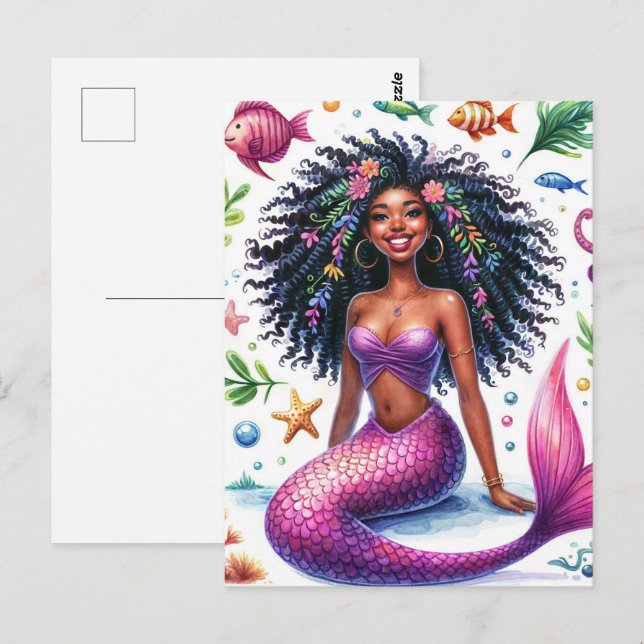 Postal Sirena de piel oscura sonriente con cola rosa (Anverso / Reverso)