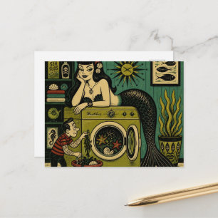 Postal Sirena divertida de mediados de siglo día de lavad