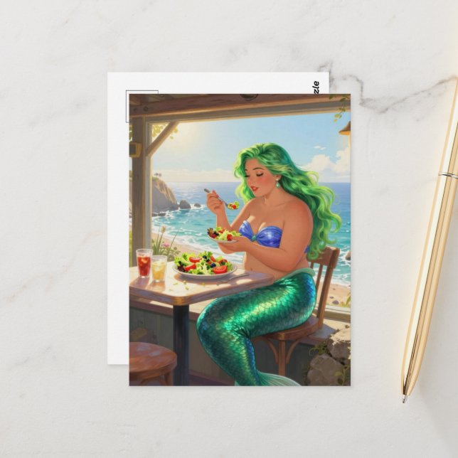 Postal Sirena en el Café Comiendo Ensalada (Anverso/Reverso In Situ)