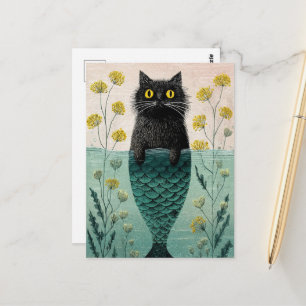 Postal Sirena Gatito Negro