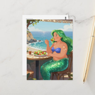 Postal Sirena Linda en el Café Comiendo Ensalada Fantasía
