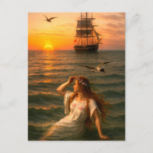Postal Sirena mirando un barco a vela al atardecer