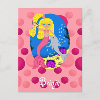 Postal Sirena rosa en el océano con delfín