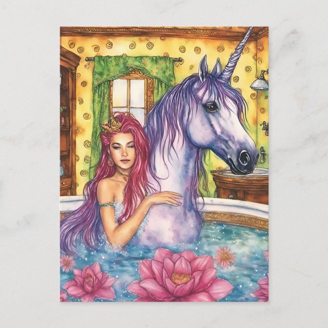 Postal Sirena y unicornio fantástico bañándose (Anverso)