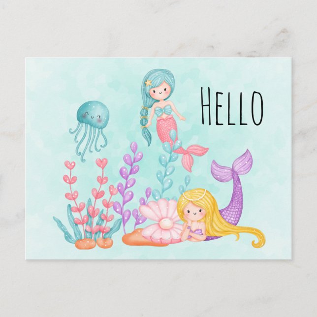 Postal Sirenas y medusas bajo la acuarela del mar (Anverso)