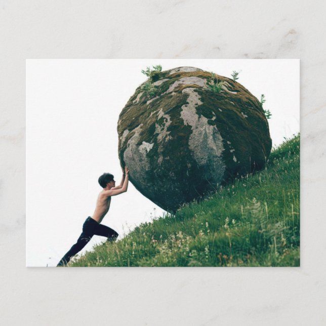 Postal Sisyphus Rolling Boulder up Hill Postcard (Anverso)