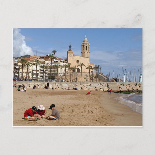 Postal Sitges, Barcelona, jocs a la platja (Anverso)