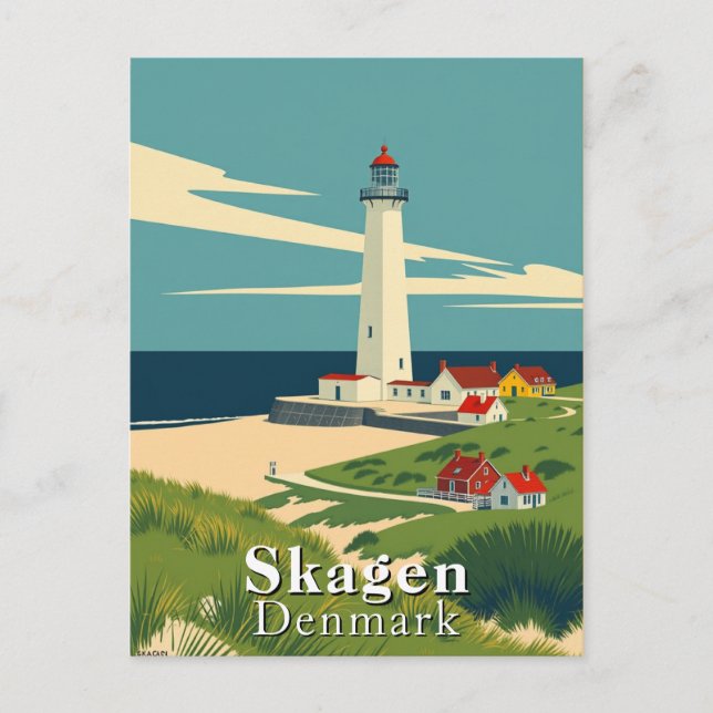 Postal Skagen, Dinamarca Faro Arte Retro (Anverso)